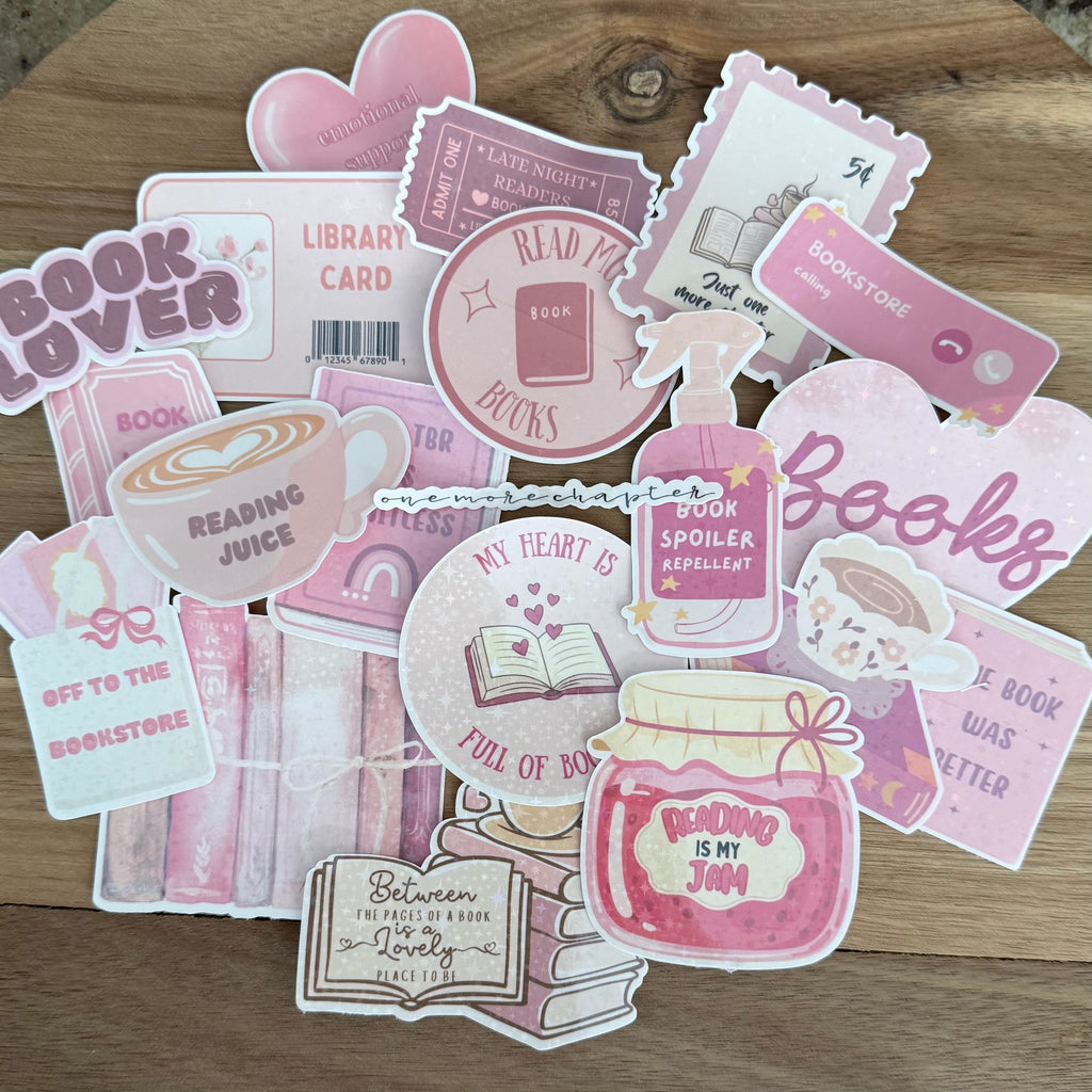 Book Lover Holographic Sticker Pack | 20 Pink Bookish Vinyl Stickers | Reading Aesthetic Stickers for Kindle, Water Bottle, Laptop & Journals