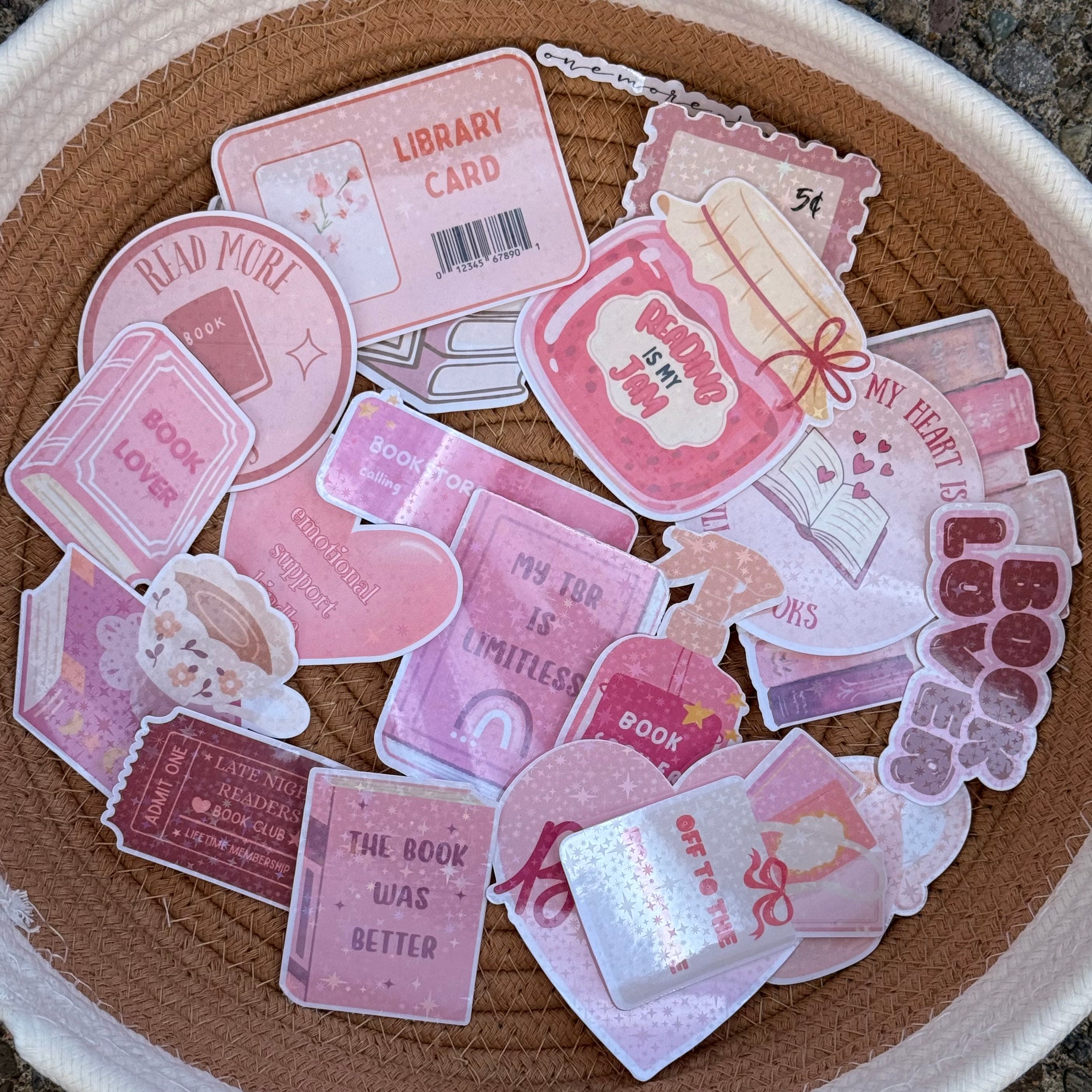 Book Lover Holographic Sticker Pack | 20 Pink Bookish Vinyl Stickers | Reading Aesthetic Stickers for Kindle, Water Bottle, Laptop & Journals