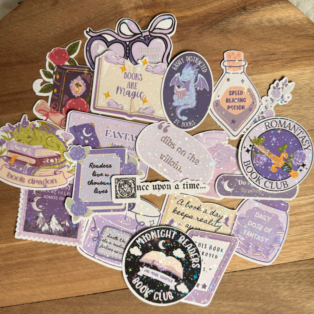 Fantasy Book Sticker Pack | 20 Holographic Fantasy Reader Stickers | Book Dragon Stickers | Romantasy Book Club Decals | Kindle, Laptop & Water Bottle Stickers