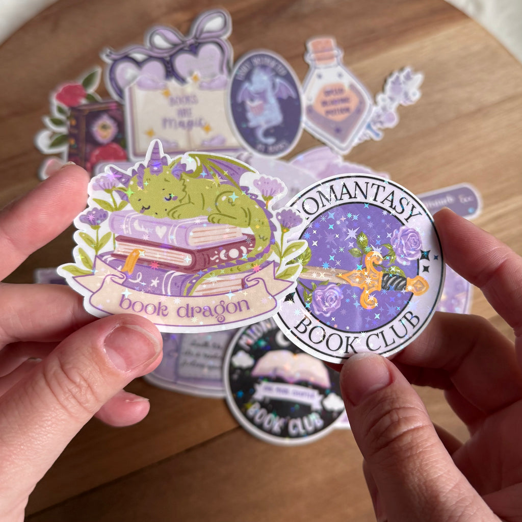 Fantasy Book Sticker Pack | 20 Holographic Fantasy Reader Stickers | Book Dragon Stickers | Romantasy Book Club Decals | Kindle, Laptop & Water Bottle Stickers