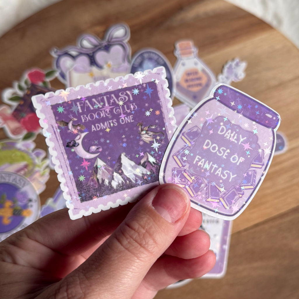 Fantasy Book Sticker Pack | 20 Holographic Fantasy Reader Stickers | Book Dragon Stickers | Romantasy Book Club Decals | Kindle, Laptop & Water Bottle Stickers