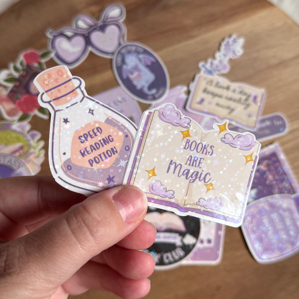 Fantasy Book Sticker Pack | 20 Holographic Fantasy Reader Stickers | Book Dragon Stickers | Romantasy Book Club Decals | Kindle, Laptop & Water Bottle Stickers