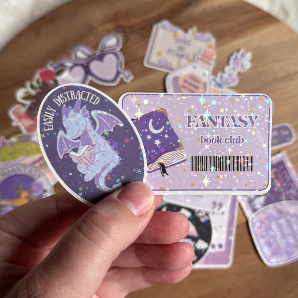 Fantasy Book Sticker Pack | 20 Holographic Fantasy Reader Stickers | Book Dragon Stickers | Romantasy Book Club Decals | Kindle, Laptop & Water Bottle Stickers