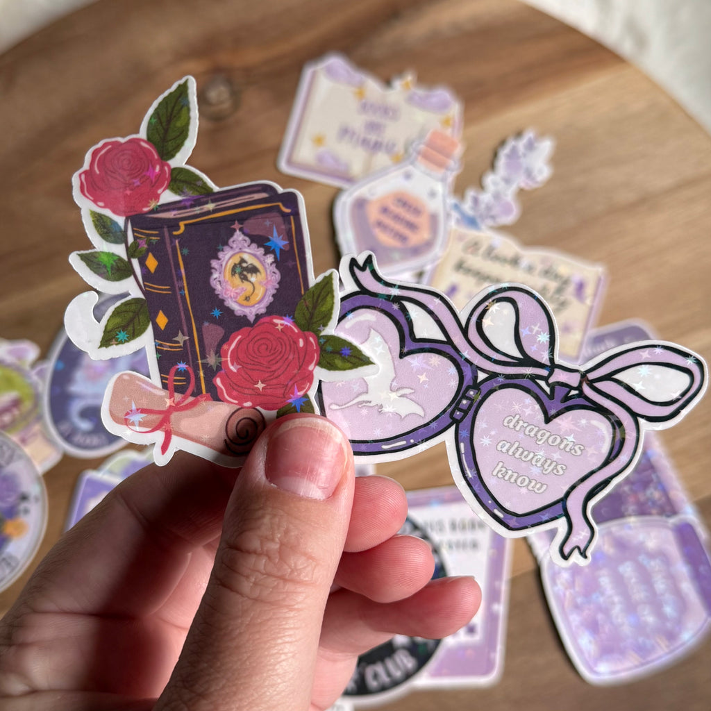 Fantasy Book Sticker Pack | 20 Holographic Fantasy Reader Stickers | Book Dragon Stickers | Romantasy Book Club Decals | Kindle, Laptop & Water Bottle Stickers