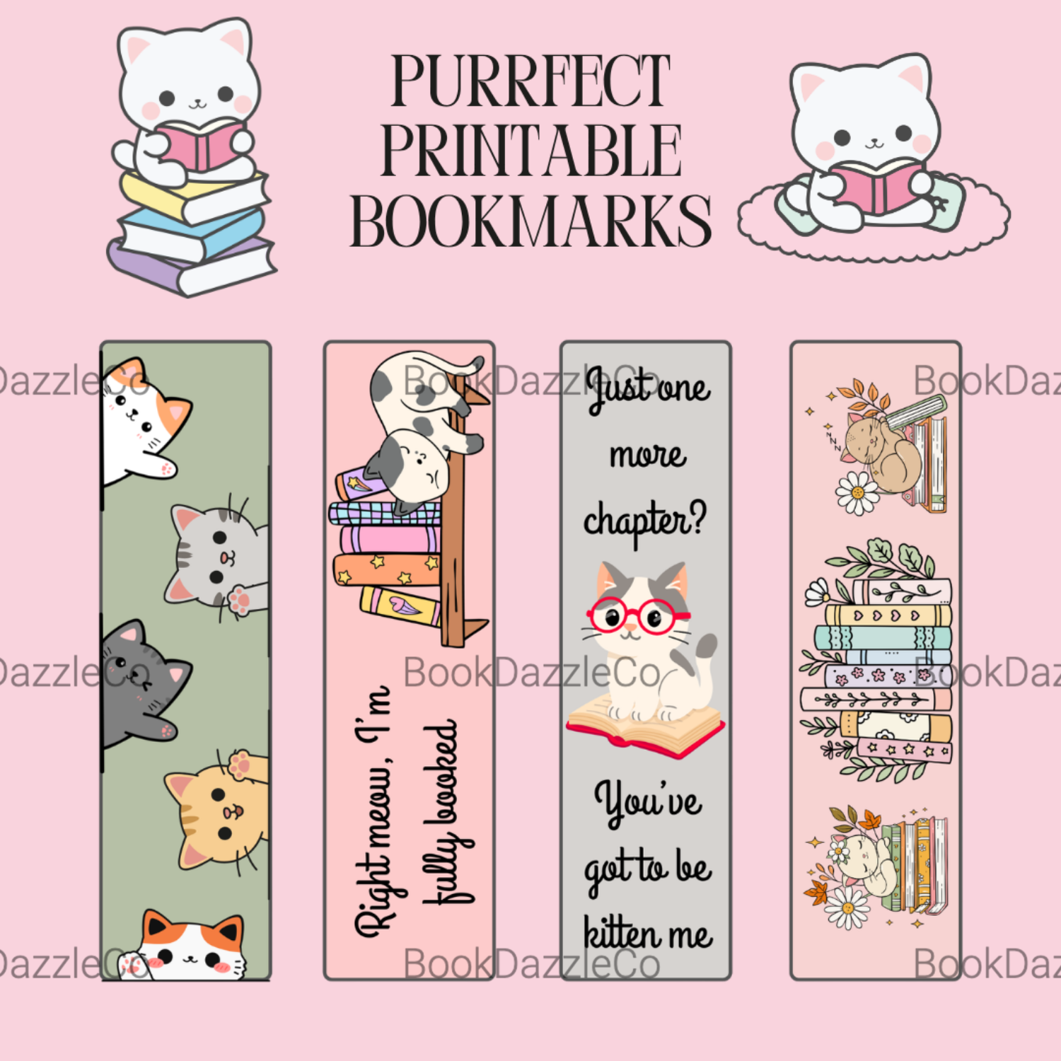 Printable Purrfect Cat Bookmarks (4) - Instant Digital Download, Printable PD